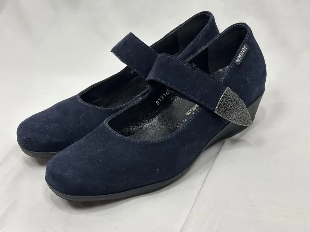 Mephisto Kimona Blue Suede Leather Wedge Mary Jane Metal Strap Shoes Sz US 7.5